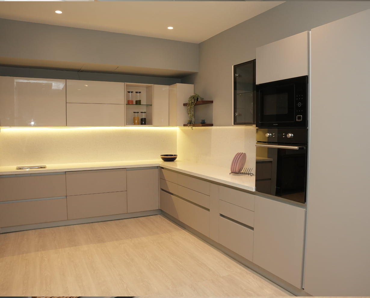 VIBE Modular Kitchen, Blum Laminte Base Cabinet+Overhead Acrylic
