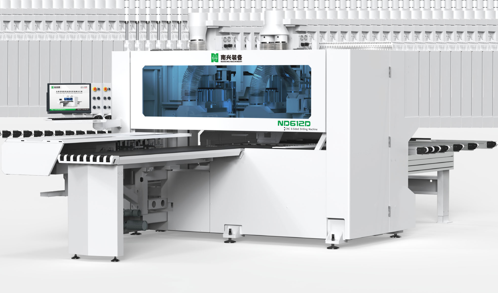 Nanxing CNC 6-Sided Drilling Machine ND612DTSL with feeding conveyor systems